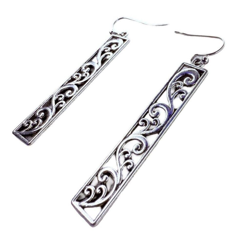 Silver-Tone Rectangular Dangle Earrings 2" Filigr… - image 2